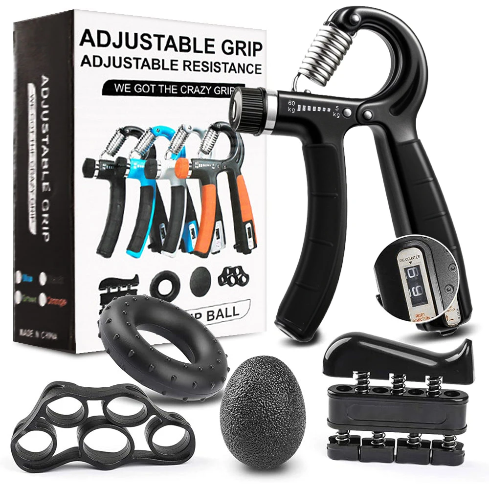 5 IN 1 PCS Hand Grip Strengthener Set Strength Training Equipment Forearm Finger Exerciser, Finger Stretcher, Adjustable Hand Gripper, Exercise Ring & Grip Ball for Injury Rehabilitation,  Athlete, Musicians